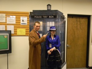 Sarah in her awesome TARDIS dress (right) and me as the 10th Doctor (left). "Alons-y!"