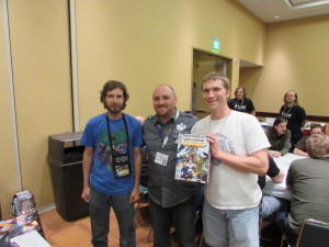 Eric and I meeting Adam Rebottaro, lead artist for Sentinels of the Multiverse.
